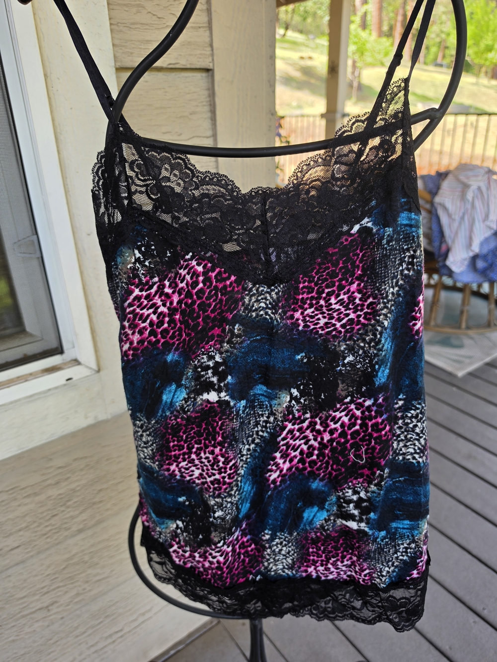 Xhilaration Multicolor Lace-Trim Animal Print Top (Pink, Teal, Black)